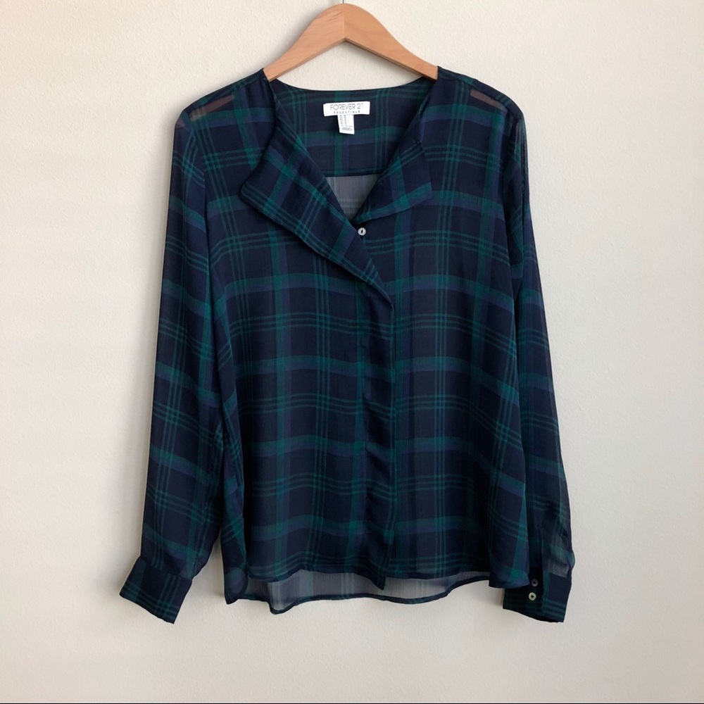 Forever 21 Plaid Green Blue V Neck Blouse Top NWOT